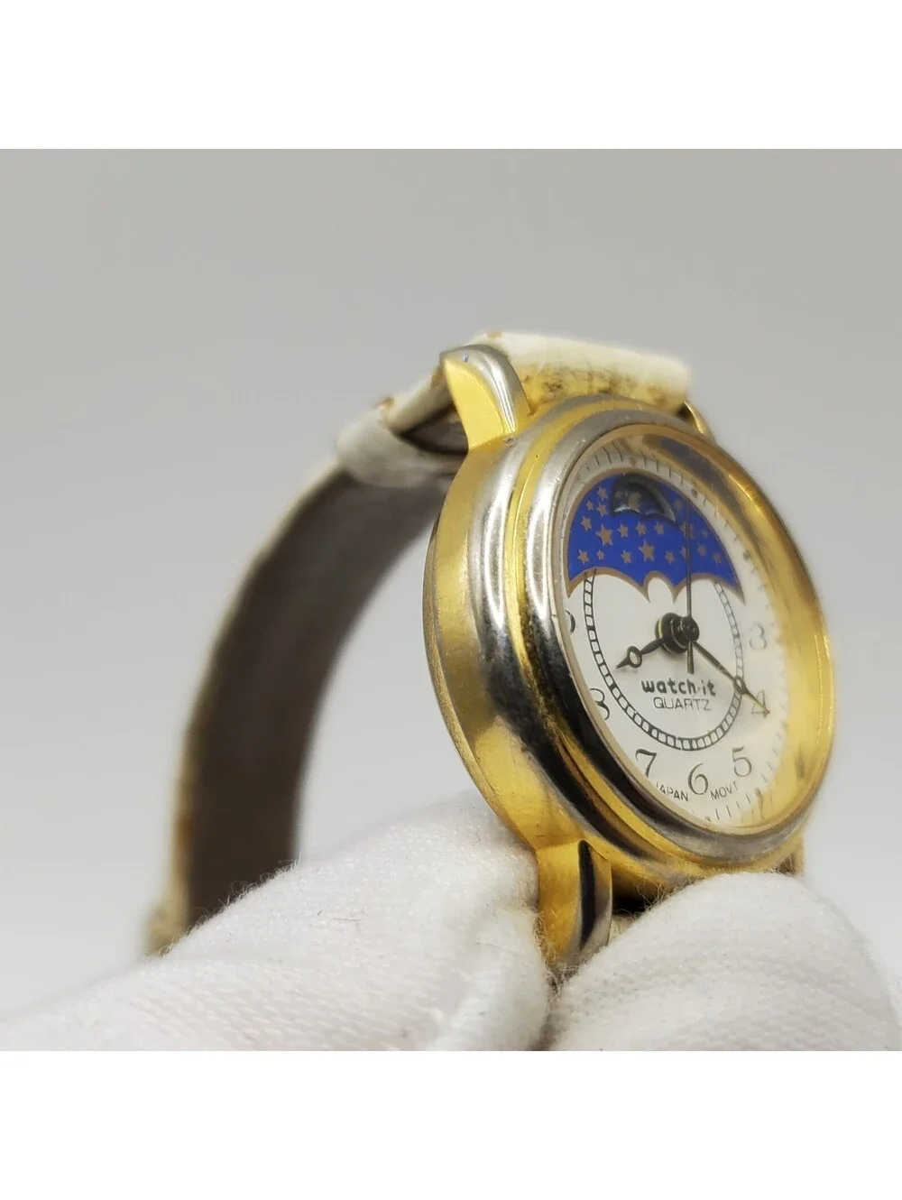 Vintage Watch-it Nelsonic Moon Phase Womens Watch Gold Tone 24mm New Battery